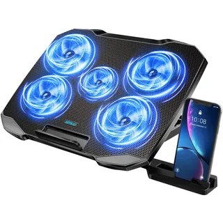 AIMIUZI Laptop Kühler 12-15,6 Zoll,Laptop Lüfter Unterlage Leise Kühlung Kühlpad Cooler Cooling Pad mit 5 Leisen Lüftern, 5 Höhenverstellbar, 2 USB-Ports, 1 Telefonhalter (Blau)