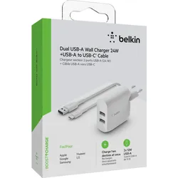 BELKIN USB-Ladegerät "Dual USB-A Ladegerät incl. USB-C Kabel 1m, 24W", weiß, Ladegeräte