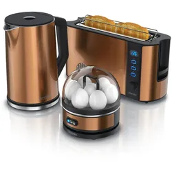 Arendo Frühstücks-Set (3-tlg), Wasserkocher 1,5l, 2-Scheiben Toaster, 7er Eierkocher, Kupfer beige