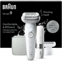 Braun Silk-épil 9, Epilierer Damen / Haarentferner für langanhaltende Haarentfernung, Ladyshaver, Facespa Gesichtshaarentferner, Rasieraufsatz, Trimmeraufsatz, 9-341, Weiß/Silber