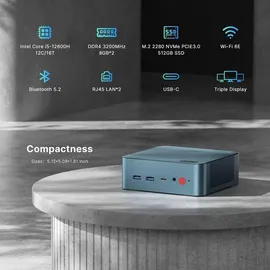 bosgame P2 Lite Mini PC 2023 4K Ultra HD Intel Core i5-12600H 4,5 GHz 32 GB RAM 512 GB SSD Intel Iris Xe Graphics Windows 11 Pro