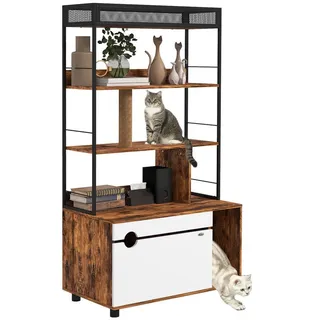 PawHut 2-in-1 Katzenklo Schrank, Katzenklo mit 3-Ebenen-Regal, Katzenhaus Braun