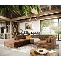 DeLife Wohnlandschaft Elio Lederimitat Vintage Braun Antik mit Hocker