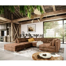 DeLife Wohnlandschaft Elio Lederimitat Vintage Braun Antik mit Hocker