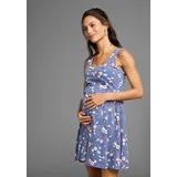 NEUN MONATE Umstandskleid "Kurzes Schwangerschafts-Shirtkleid, Minikleid", Damen, Gr. 44, N-Gr, blau (blau geblümt), Jersey, Obermaterial: 95% Baumwolle, 5% Elasthan, bedruckt, geblümt, Basic kurz, Rundhals, Kleider, Blumenkleid mit Stillfunktion