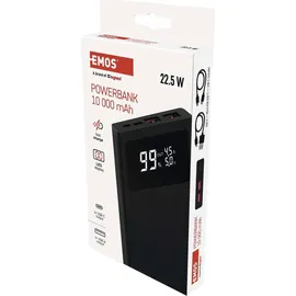 EMOS Powerbank BetaQ 10000mAh, 22,5 W Quick-Charge mit Passthrough und Display, 3X Output + 2X Input, inkl. Datenkabel USB/USB-C, Auto ON/Off, schwarz