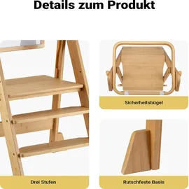 Wiltec Kinderstuhl Lernturm klappbar 43 x 48 x 91 cm aus Bambus, höhenverstellbarer Lernstuhl für Kinder, Stehturm mit Schutzgeländer