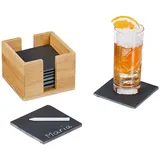 Relaxdays Schiefer Untersetzer 8er Set, mit Bambus Box, Getränkeuntersetzer, 10x10 cm, Schieferplatte Gläser, anthrazit