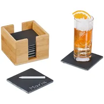 Relaxdays Schiefer Untersetzer 8er Set, mit Bambus Box, Getränkeuntersetzer, 10x10 cm, Schieferplatte Gläser, anthrazit