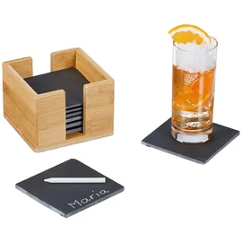 Relaxdays Schiefer Untersetzer 8er Set, mit Bambus Box, Getränkeuntersetzer, 10x10 cm, Schieferplatte Gläser, anthrazit