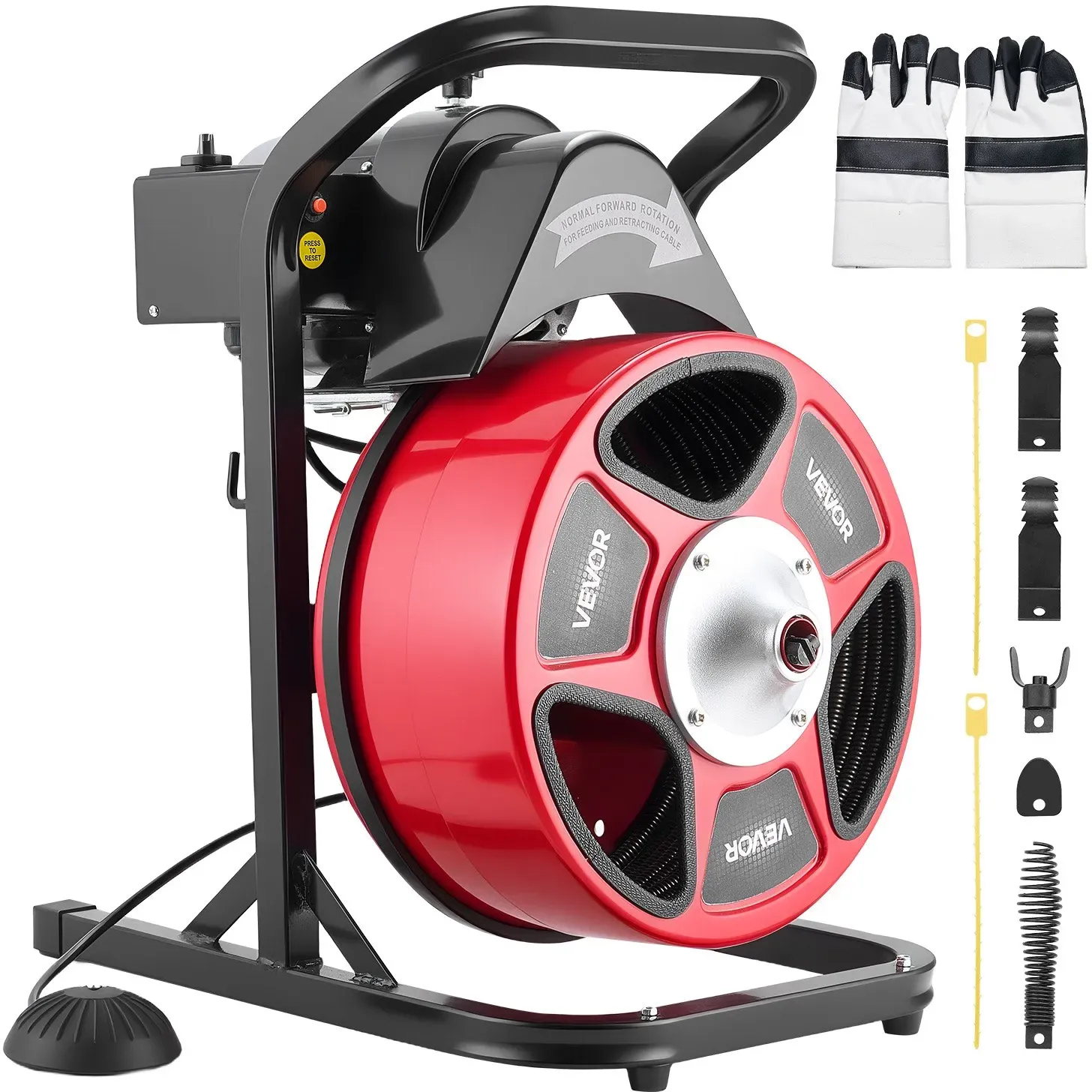 VEVOR Rohrreinigungsmaschine mit Manuellem Vorschub, Elektr. Rohrreinigungsgerät mit 15m x 23mm Abflussspirale, 1500 U/min Abflussreiniger für 50-150mm Rohre, Rohrreinigungswelle für Abfluss Toilette