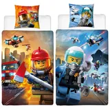 BERONAGE Kinderbettwäsche Lego City Polizei & Feuerwehr Bettwäsche Linon / Renforcé, 100% Baumwolle, 2 teilig, 135x200 + 80x80 cm blau|rot