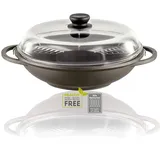 Berndes Wok 32 cm, mit Glasdeckel und Stäbchen, 3-lagiger Antihaftversiegelung und Holzgriff, robuster Aluguss, antihaft beschichtet