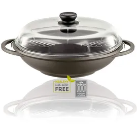 Berndes Wok 32 cm, mit Glasdeckel und Stäbchen, 3-lagiger Antihaftversiegelung und Holzgriff, robuster Aluguss, antihaft beschichtet