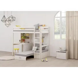 VCM Kids Hochbett, Couch, Lattenrost, Matratze, Schreibplatte und Regal weiss/hellgrau. - Weiß