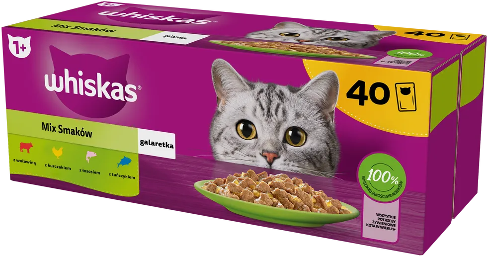 WHISKAS Adult Sachets 40 x 85 g Gemischte Geschmacksrichtungen - Nassfutter für ausgewachsene Katzen in Gelee (Schnitte mit: Rind, Huhn, Lachs, Thunfisch) (Rabatt für Stammkunden 3%)