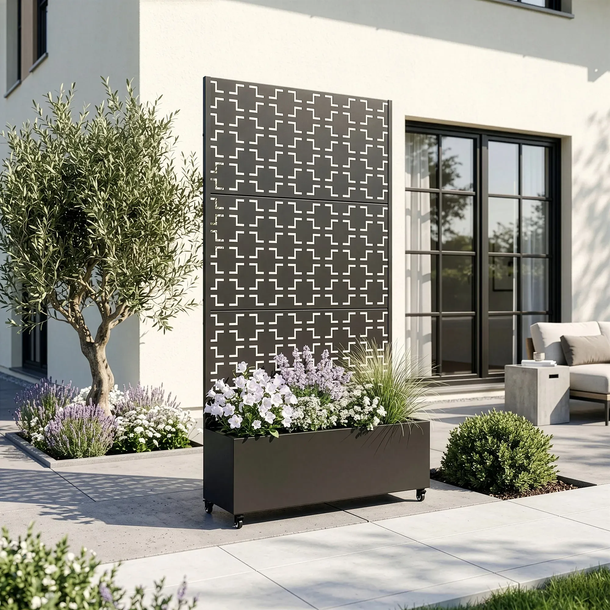Trennwand Aaskis mit Blumenkasten Stahl 190x82 cm Schwarz [casa.pro]