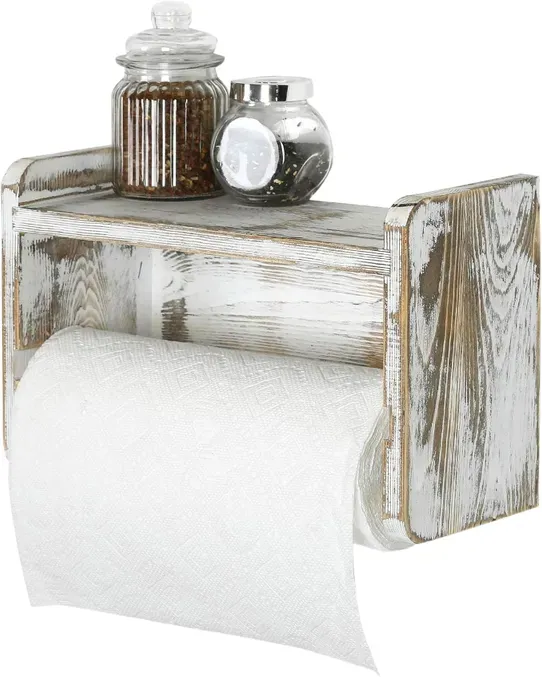MyGift Küchenrollenhalter, Shabby Weiß gewaschenes Holz Landhausstil Wandmontierter Küchen-Serviettenhalter mit oberem Ablagefach Gewürzregale