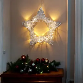 Spetebo Silberner Draht Stern beleuchtet mit 30 LED - Batterie und Timer