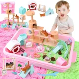 KIMIGO Magic Sand Sandbox Set,Sand Sandbox Set mit 1000g Spielsand,Sensorisch Sandspielzeug Spielsand,8 Sandform & 5 Sandwerkzeug,Katzefiguren Miniatur Hundehaus Möbel für Mädchen Jungen 3+