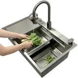 90 x 50 cm Wasserfall Küchenspüle mit Temperaturanzeige Armatur, 304 Edelstahl gebürstet, Multifunktionale Workstation spüle mit Drehknopf, Seifenspender, Gläserspüler, Schneidebrett & Abtropfschale