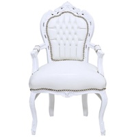 Casa Padrino Barock Esszimmer Stuhl mit Armlehnen und edlem Kunstleder Weiß / Weiß - Handgefertigter Antik Stil Stuhl - Esszimmer Möbel im Barockstil - Barock Möbel