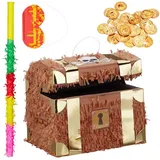 relaxdays Pinata 291 tlg. Pinata Set Schatztruhe braun|gelb|orange