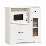 Yorbay Sideboard mit Kabeldurchlass & Acrylglastür, Küchenschrank Vitrine (80×40×80 cm, weiß), für Mikrowelle, Kaffeeecke & Wohnzimmer weiß