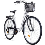 bergsteiger Cityrad Florenz 28 Zoll Damenfahrrad mit Korb, Beleuchtung, ab 160 cm, 7 Gang Shimano Tourney RD-TY21 Schaltwerk, Kettenschaltung, V-Bremsen weiß