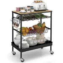 Sekey Servierwagen mit Rollen und Griff | Weinglashalter | Oberer MDF-Platte | mit 4 Haken | 360°-Gummiräder mit Bremse | Rostfest | Küchenwagen für Küche, Bar, Esszimmer | Schwarz