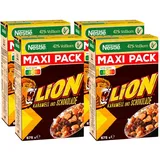 NESTLE Nestlé Lion Cereals, Cornflakes mit Schoko und Karamell Geschmack, 41% vitales Vollkorn, Mit Vitaminen und Mineralstoffen, Crunchy Knusper Flakes, Maxi Vorratspackung, 4er Pack (4x675g)