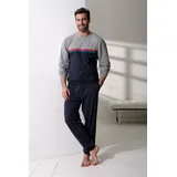 LE JOGGER Pyjama, (2 tlg 1 Stück), Schlafanzug in langer Form mit kontrastfarbenen Streifen, Gr. 52/54 (L), grau-meliert-blau, , 33995063-52