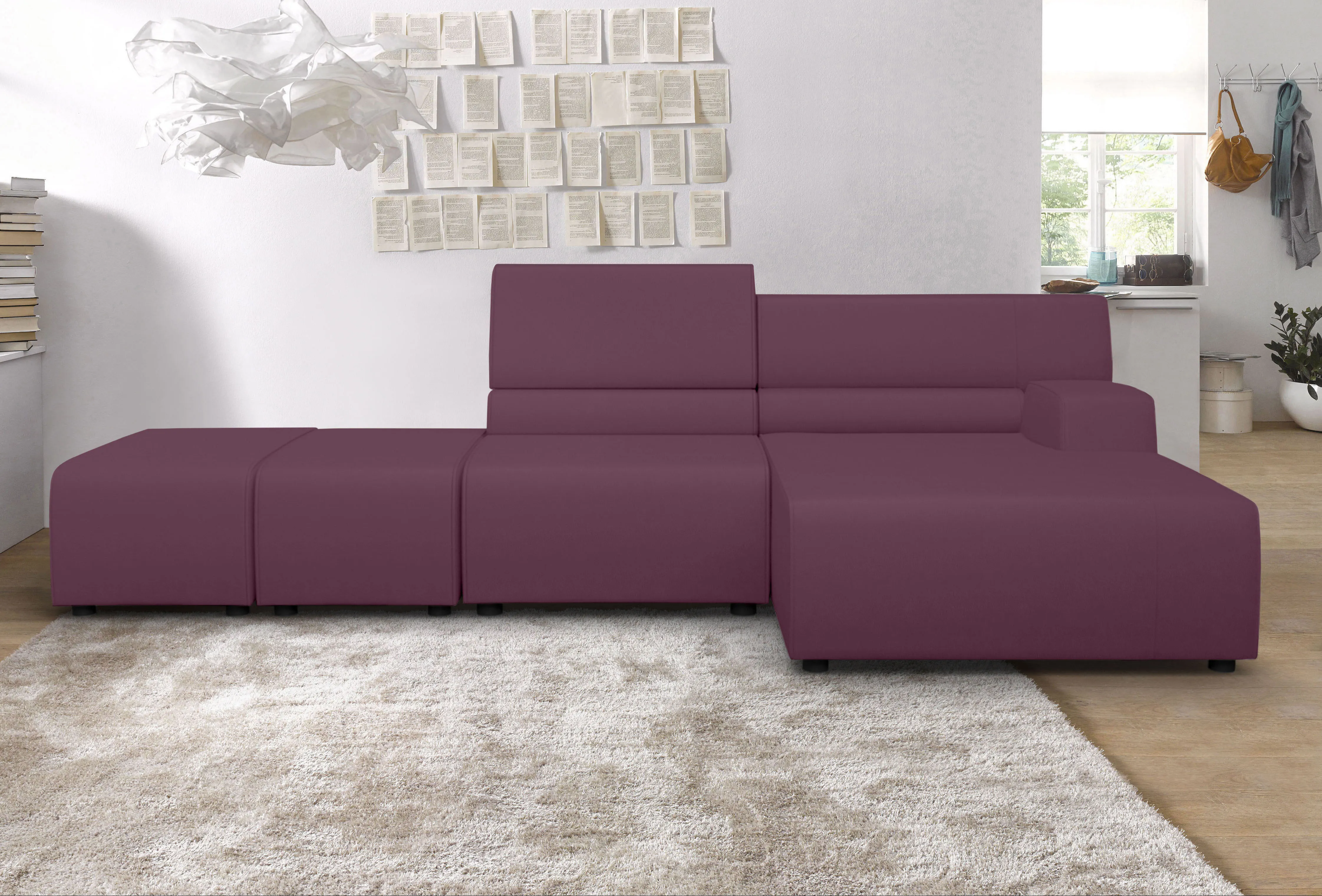 Ecksofa EGOITALIANO "Babouche, Designsofa mit außergewöhnlichem Sitzkomfort zum Wohlfühlen" Sofas Gr. B/T: 384 cm x 98 cm, Leder NUVOLE, Recamiere rechts, lila (violett)