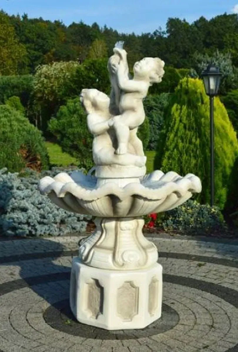 Casa Padrino Barock Springbrunnen Weiß / Grau Ø 89 x H. 185 cm - Prunkvoller Gartenbrunnen im Barockstil - Runder Gartendeko Stein Brunnen - Barock Garten Deko Accessoires