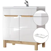 Lomadox Waschtisch Set, 80cm Unterschrank Hochglanz weiß Wotaneiche, 81cm Keramik-Waschbecken, B x H x T ca. 81 x 85 x 46cm