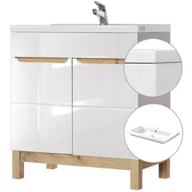 Lomadox Waschtisch Set, 80cm Unterschrank Hochglanz weiß Wotaneiche, 81cm Keramik-Waschbecken, B x H x T ca. 81 x 85 x 46cm