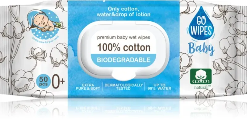 GoWipes Baby 100% Cotton Biodegradable sanfte Feuchttücher für Kleinkinder für empfindliche Oberhaut 0+ 50 St.