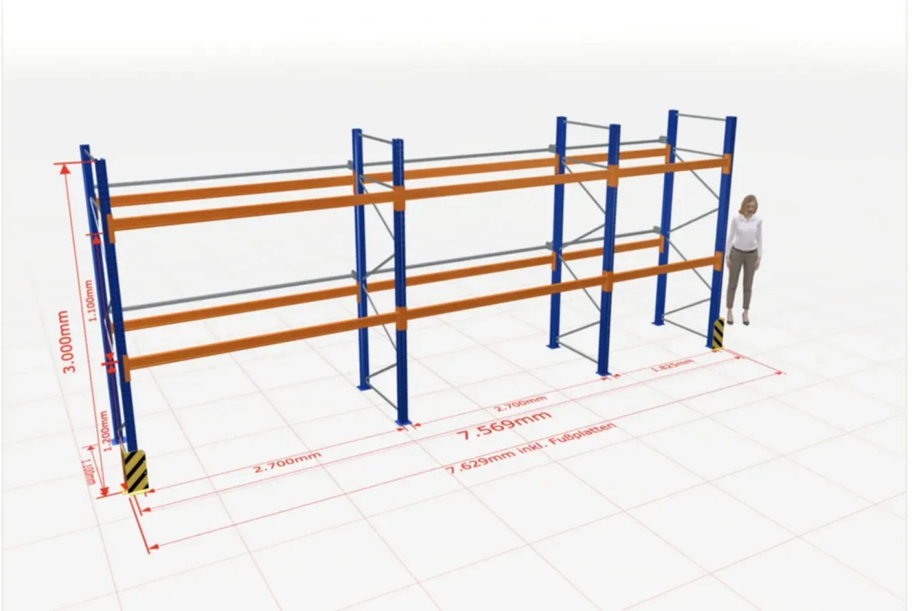 Palettenregalzeile H 3000 x T 1100 x B 7569 mm 2 Felder B 2700 + 1 Feld B 1825 mm