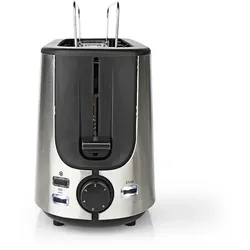 Nedis Toaster - Edelstahl Serie - 2 Brotscheiben - 1 Langer Schlitz - Bräunungsstufen: 6 - Auftaufunktion - Brötchenaufsatz - Aluminium