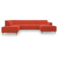 DOMO. collection Wohnlandschaft Jules FK, skandinavisches Sofa mit Federkern, Couch in U-Form mit Holzfüßen, 333 x 191 x 81 cm (BxTxH), Longchair rechts, orange