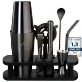 BARMINGO Edelstahl Cocktail Set 11tlg – 825ml Boston Cocktail Shaker Set mit Ständer und Bar Zubehör, Cocktailshaker Set | Barkeeper Set | Cocktail Mix Set | Barset | Boston Shaker Set | Schwarz