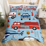 Manfei Feuerwehr LKW Kinder Bettbezug Set M Größe,Cartoon Polizei Auto Flugzeug Kleinkind Bettwäsche Set,Jungen Erwachsene,Feuerwehr Werkzeuge Tröster Abdeckung,Rot Blau Quilt Cover,1 Kissenbezug