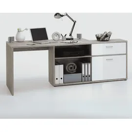 FMD Möbel, 367-001 Diego Schreibtisch, Holzwerkstoff, Sandeiche/Hochglanz-Weiß, Maße 134.0 x 141.0 cm