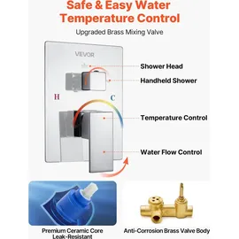 Vevor Duscharmatur Regenduschsystem fürs Badezimmer Duschsystem mit 305 mm quadratischen Regenduschkopf & Handbrause, wandmontierte Badezimmerarmaturen mit Messingventil & Zierset, Silberchrom