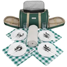 anndora Picknick Kühltasche inkl. Picknick Decke Geschirr Besteck für 4 Personen dunkelgrün beige