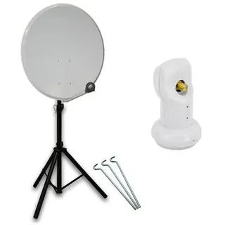 PremiumX mobile Camping Satelliten-Komplettanlage 60cm Antenne SAT Single LNB 4K Ständer Dreibein-Stativ inkl. Stahl-Heringe