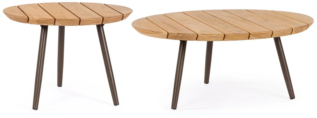 Gartencouchtisch-Set Talaia aus nachhaltigem Teakholz, modern skandinavisch, naturbraun, rund, 2er-Set