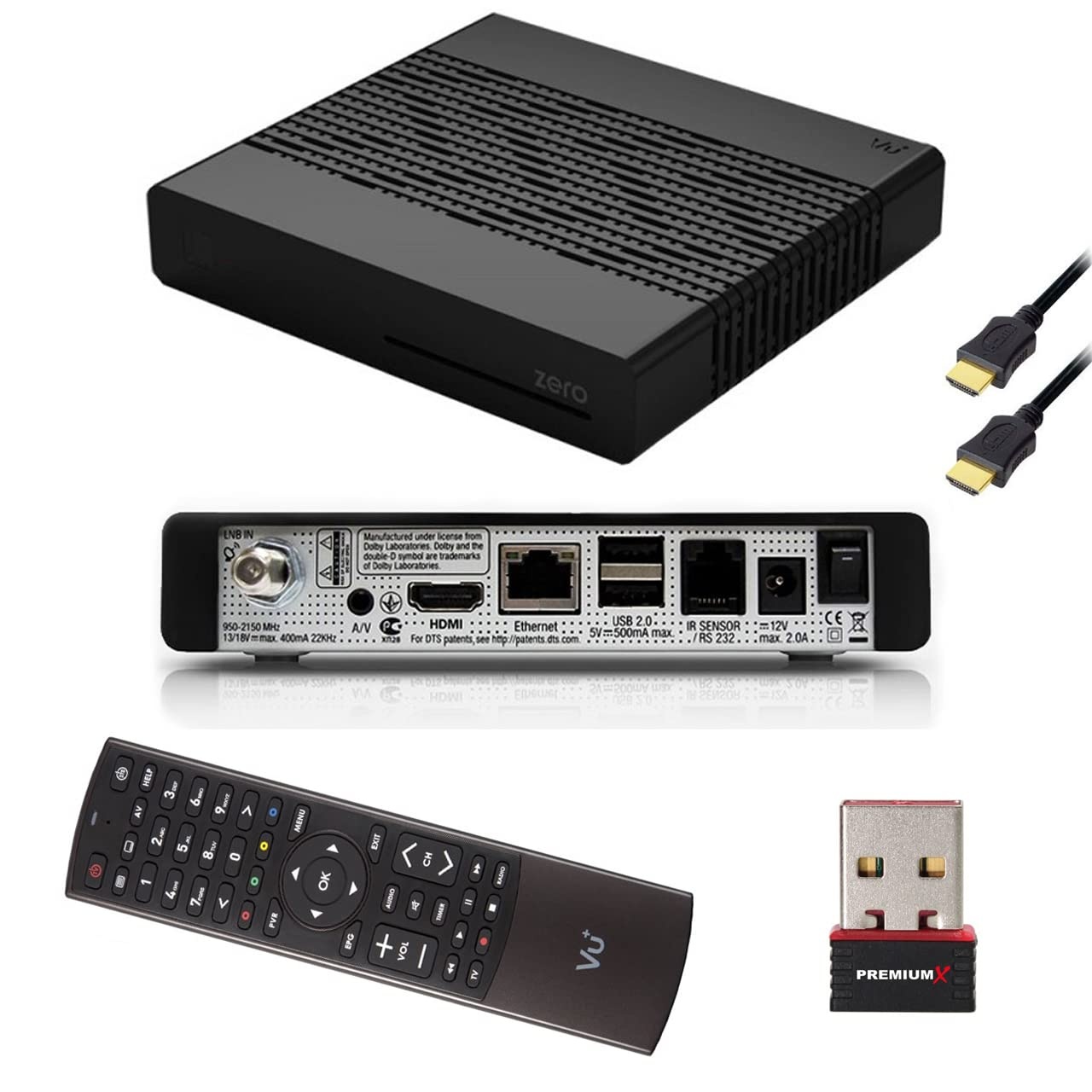 VU+ Zero Black DVB-S2 Sat Tuner Linux Satellit Receiver Full HD 12V Netzteil mit PremiumX Mini WiFi WLAN Stick bis zu 150 Mbit ́s