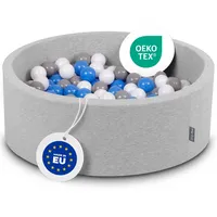 KiddyMoon Bällebad 90X30cm/200 Bälle ∅ 7Cm Bällepool Mit Bunten Bällen Für Babys Kinder Rund, Hellgrau:Grau-Weiß-Blau