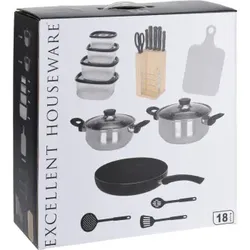 Excellent Houseware Kochgeschirr-Set - 18 Teile - Pfannen + Messer + Behälter + Schneidebrett